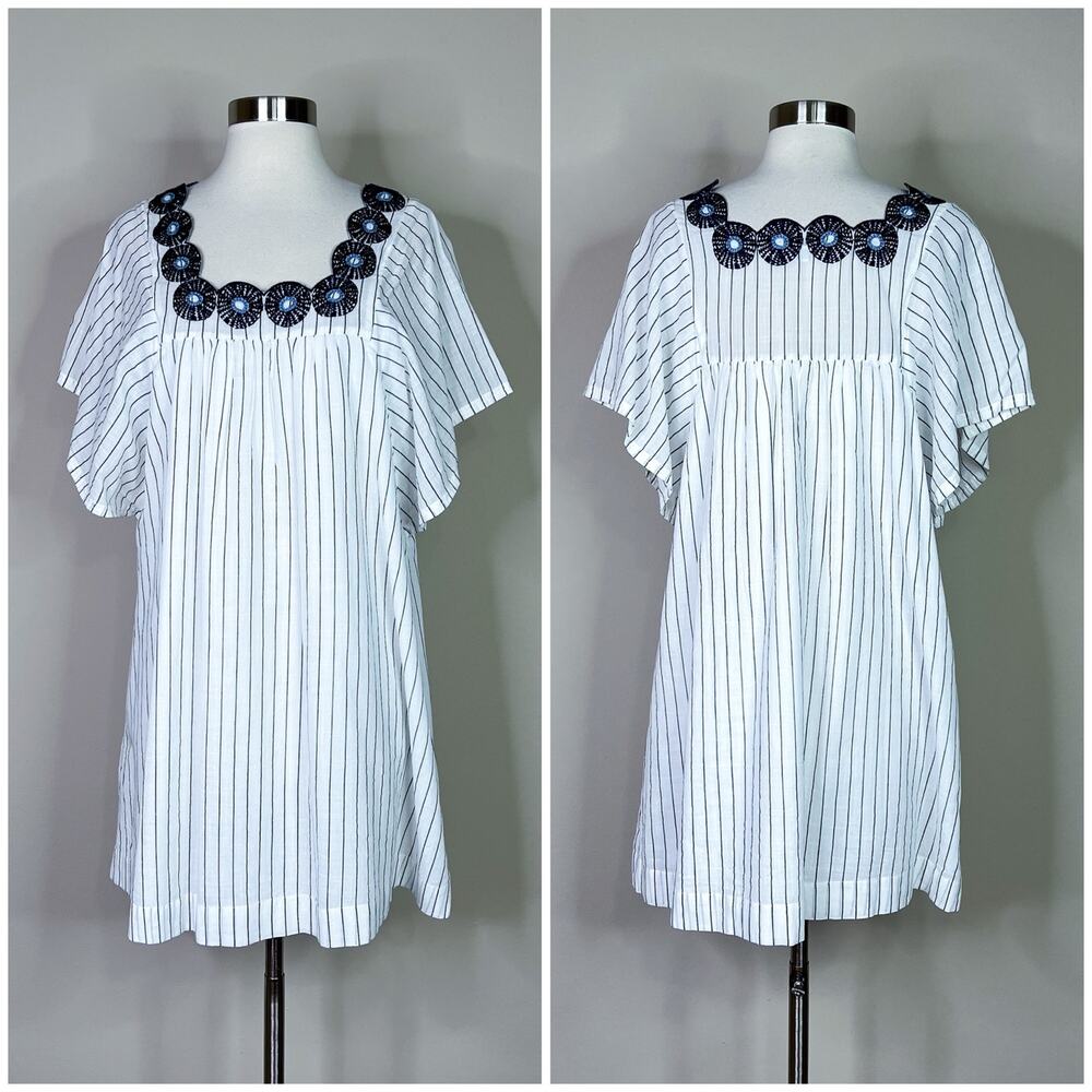 Madewell | White Navy Stripe Embroidered Flutter Sleeve Shift Cotton Dress Small - Picture 10 of 10